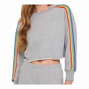 Spiritual Gangster Rainbow Trim Accents Cropped Pullover Sweatshirt XS Gray NWT